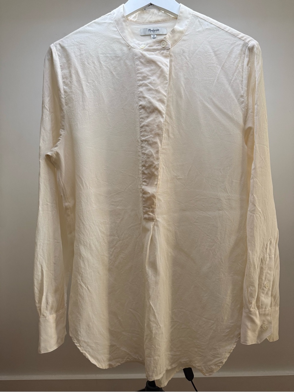 Madewell Cream Band-Collar Button-Front Silk Shirt